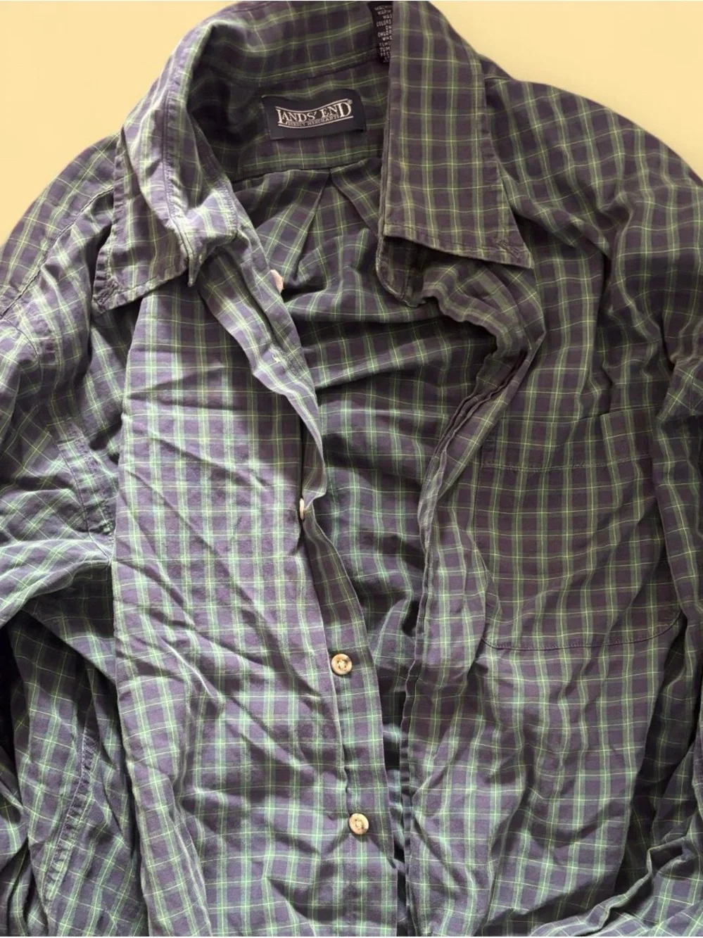Lands' End Men's Navy and Green Plaid Button-Down Shirt